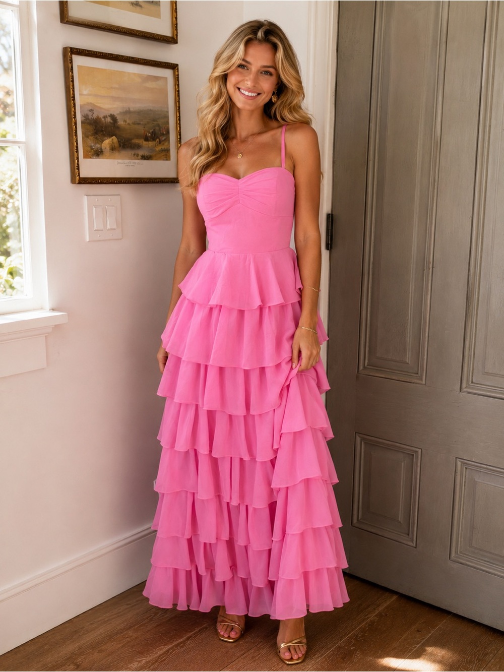 Tiered Ruffle Pink Maxi Dress with Spaghetti Straps